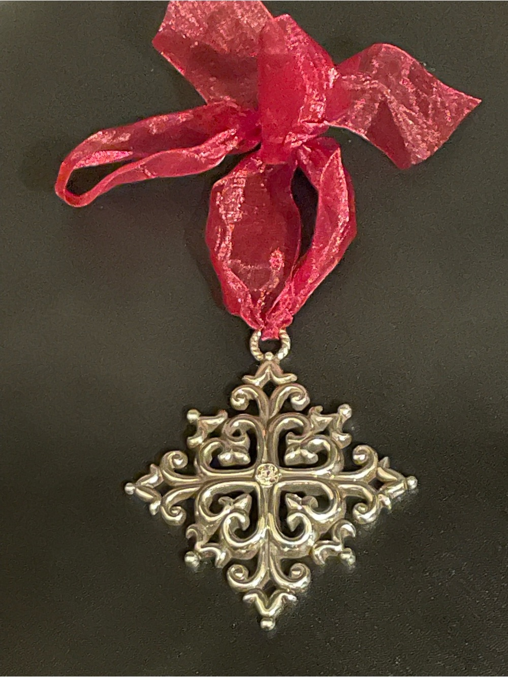 Brighton Silver Filigree Holiday Ornament with Red Ribbon